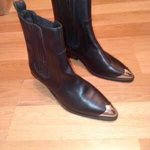 Women's Black Leather Western Ankle Boots with Silver Metal Toe